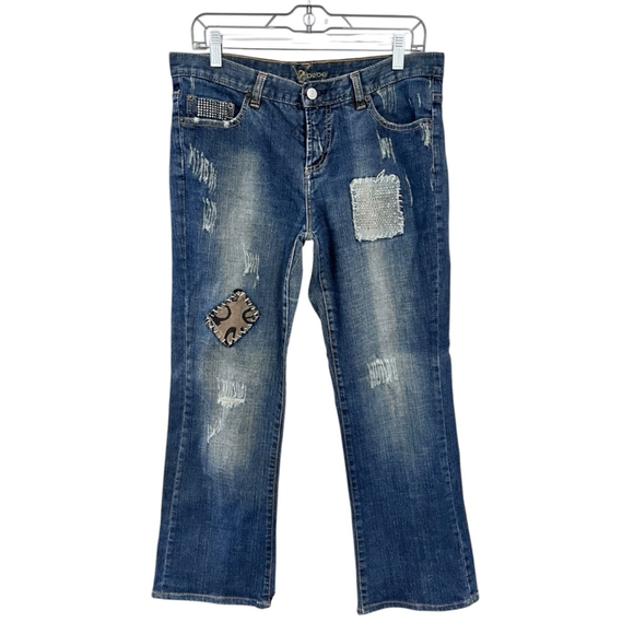 Bebe Vintage Y2K Patchwork Embroidered Bling Denim Blue Jeans Size 31 Bootcut - Picture 1 of 9